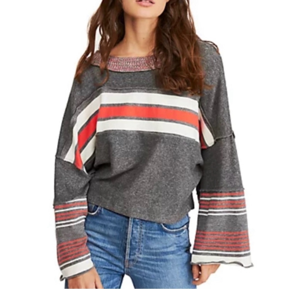 Gray Stripe Boatneck Sweater with Coral Accents